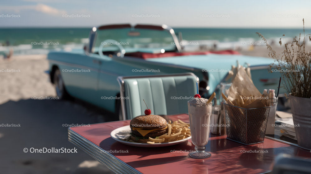 Vintage Convertible Car with Seaside Dining Scene During Summer