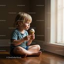 Toddler Enjoying Ice Cream Sitting by Sunny Window