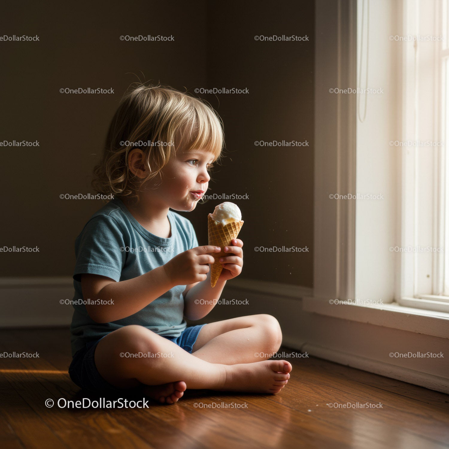 Toddler Enjoying Ice Cream Sitting by Sunny Window