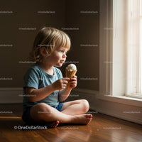 Toddler Enjoying Ice Cream Sitting by Sunny Window