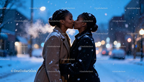 Couple sharing a tender kiss on snowy winter evening
