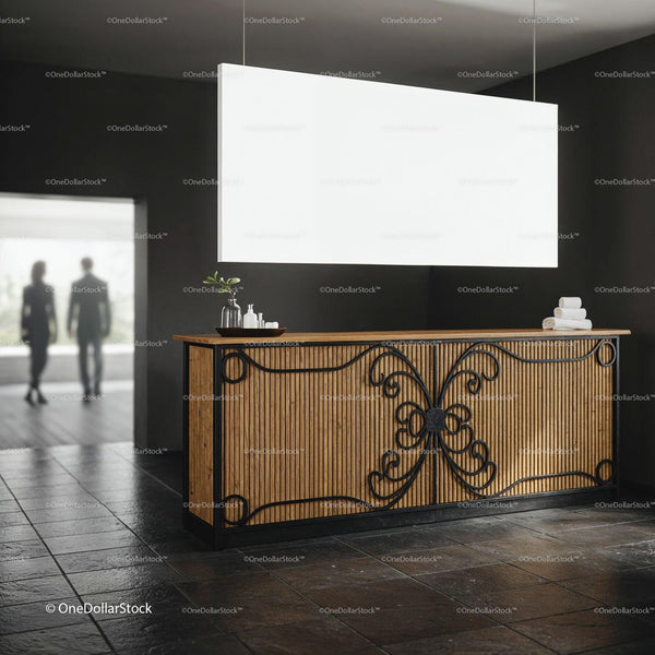 Modern reception desk in stylish minimalist lobby JPG Mockup Image