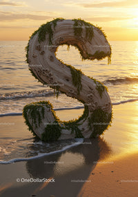Natural wood letter S decorated with seaweed at sunset
