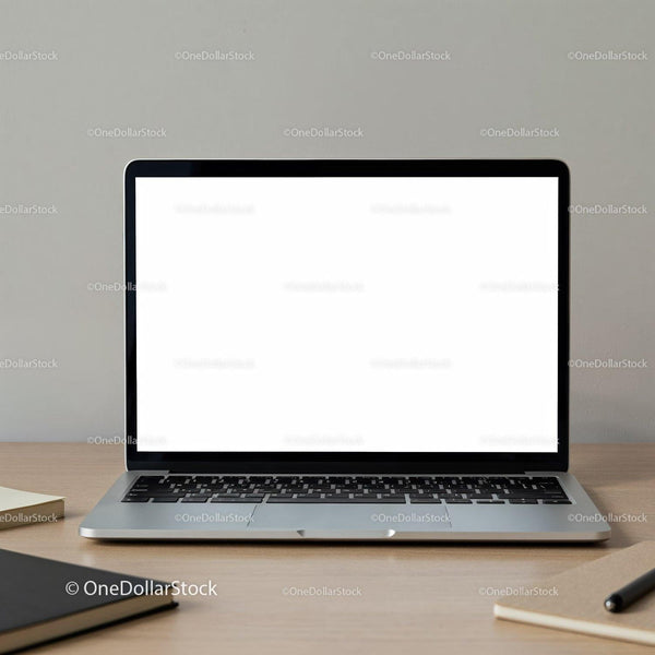 Minimalist workspace with open laptop and notebooks JPG Mockup Image