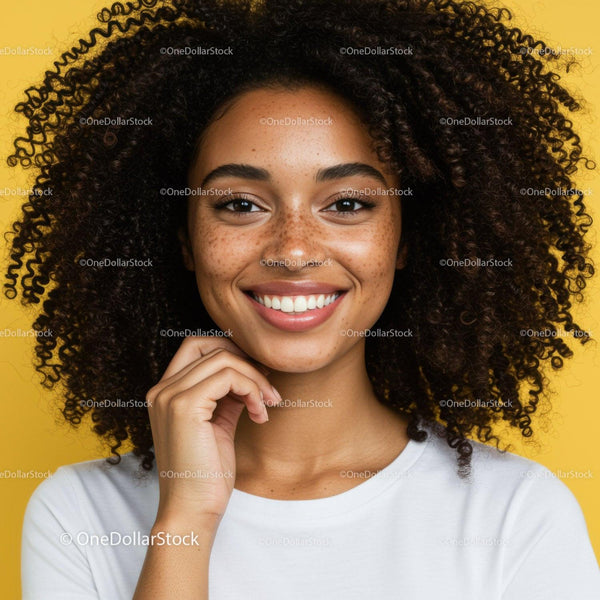 Portrait of a Smiling Woman with Curly Hair and Freckles