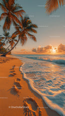 Tropical Sunset Beach with Palm Trees and Footprints