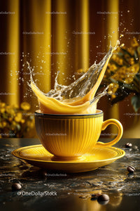 Yellow Coffee Cup with Splash Over Saucer in Warm Lighting