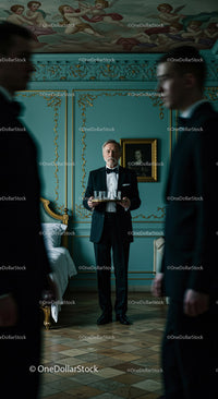 Elegant Waiter in a Luxurious Vintage Setting Serving Drinks