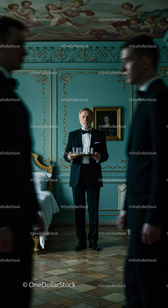 Elegant Waiter in a Luxurious Vintage Setting Serving Drinks