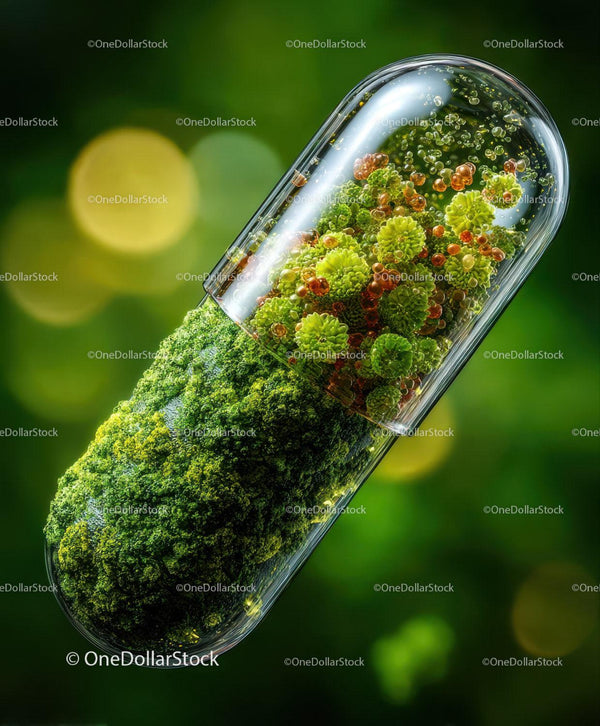 Transparent Capsule Filled With Green Moss And Spherical Beads