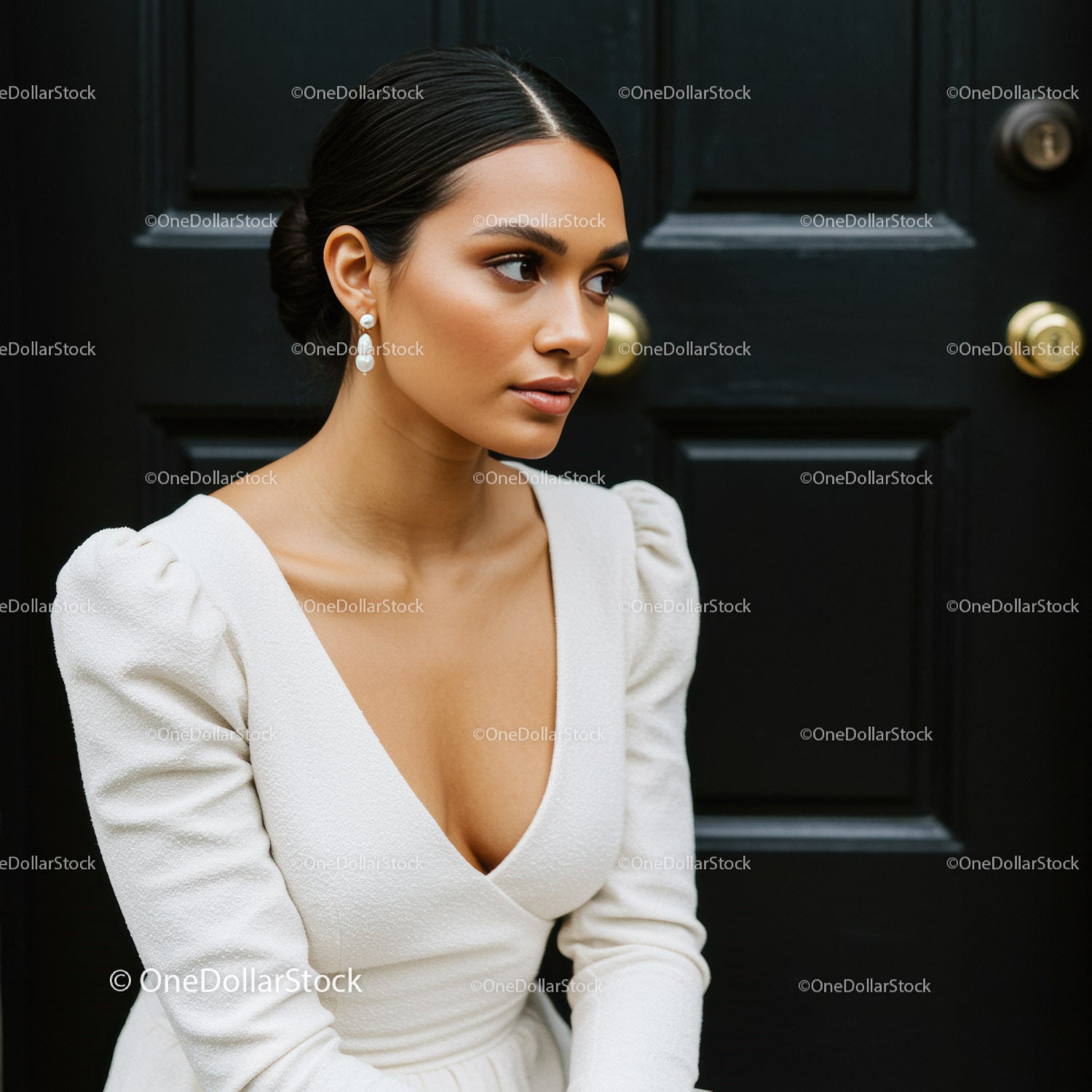 Stylish woman in white dress posing against black door