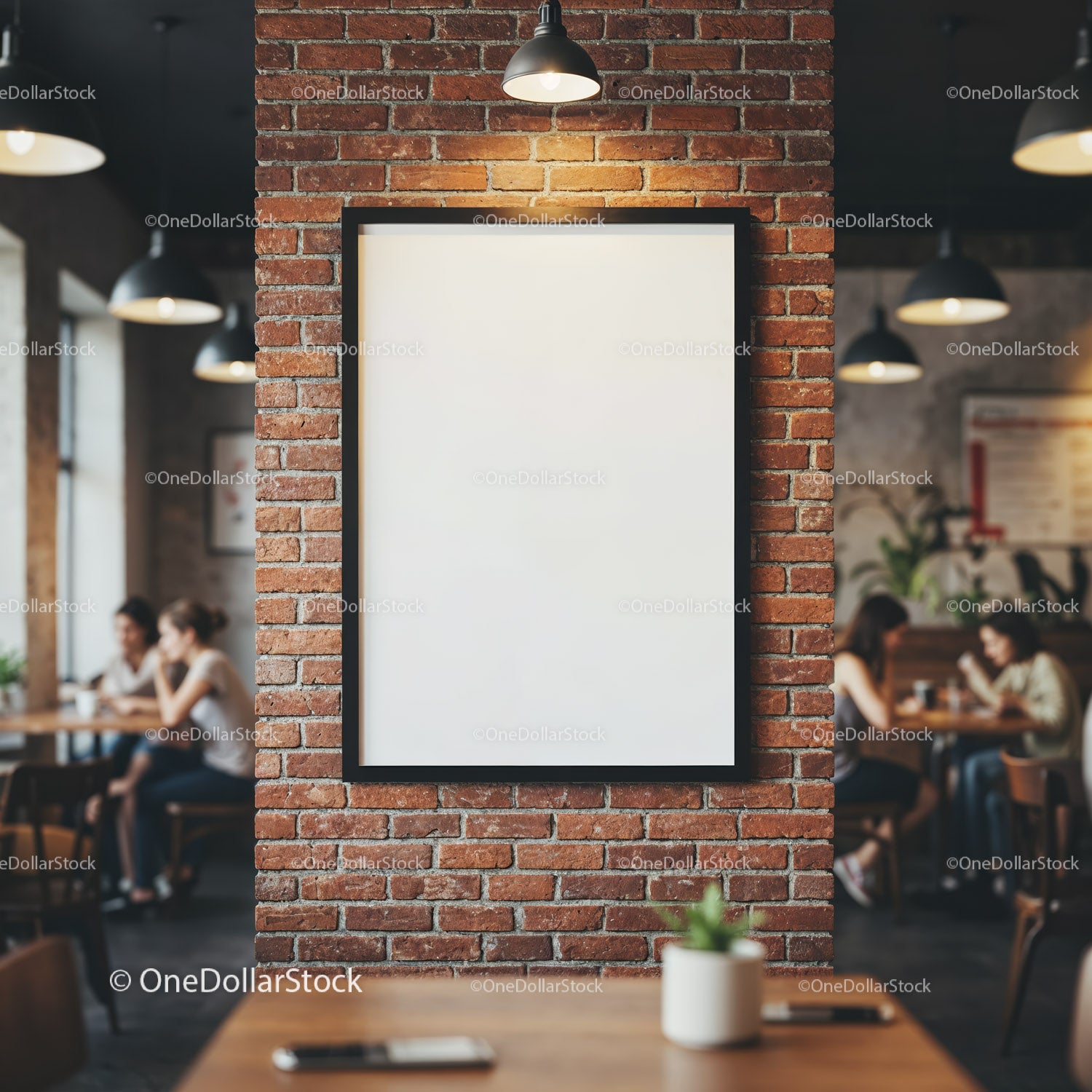 Blank poster on brick wall in cozy cafe interior
