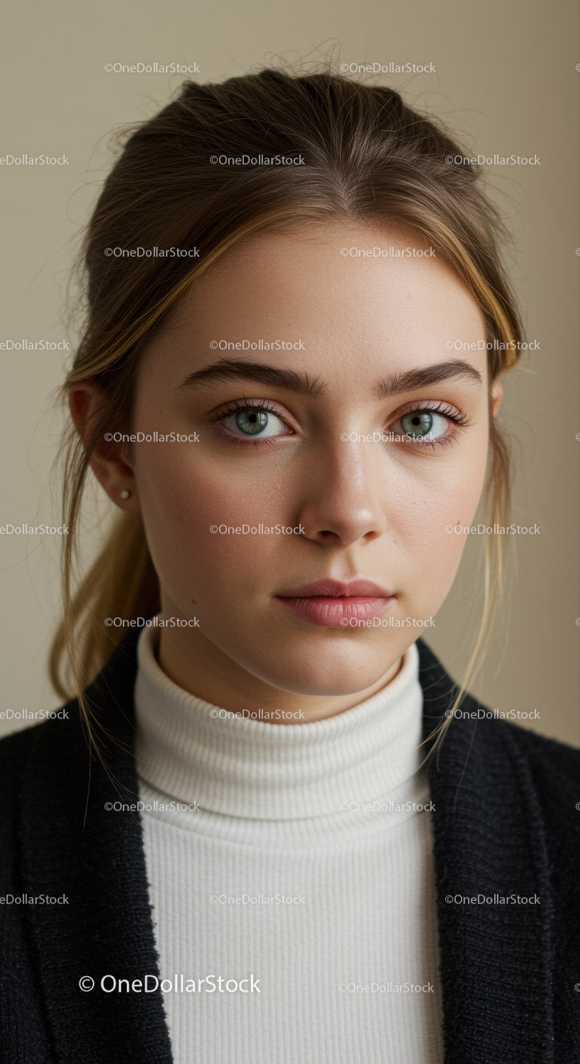 Portret młodej kobiety z niebieskimi oczami i naturalnym makijażem