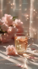 Elegant Rose Petal Tea with Pink Peonies in Soft Natural Light