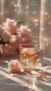 Elegant Rose Petal Tea with Pink Peonies in Soft Natural Light