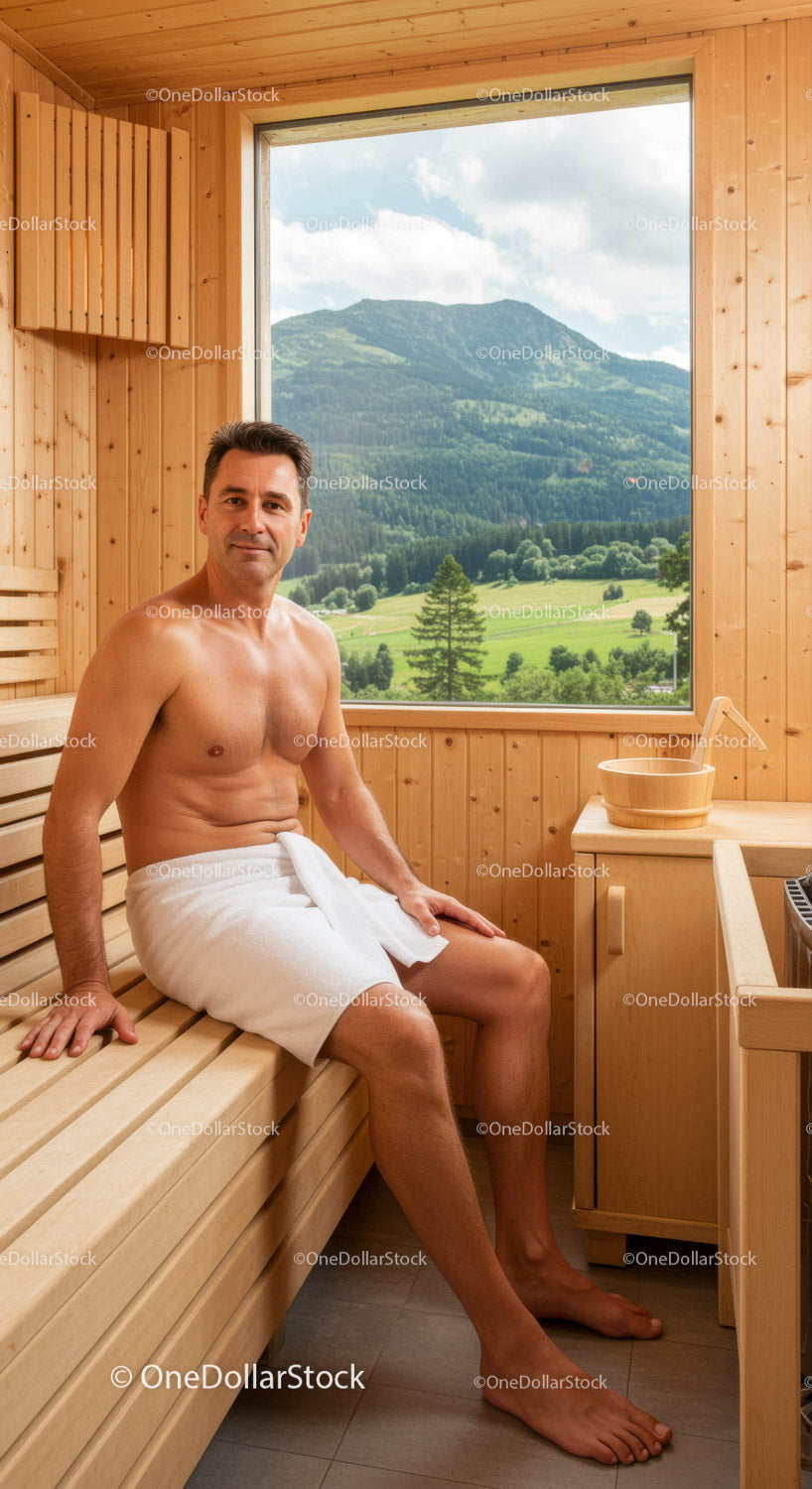Man Relaxing in Sauna with Scenic Mountain View and Greenery