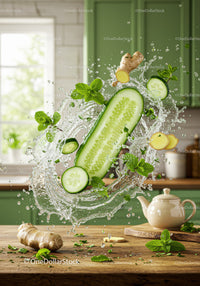 Refreshing cucumber and ginger splash with fresh mint leaves
