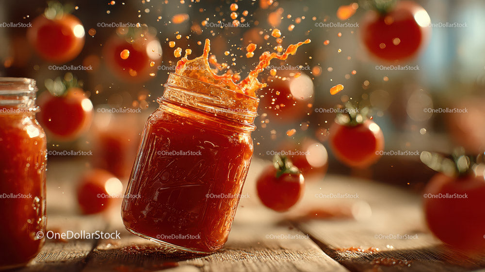 Vibrant Cherry Tomatoes and Tomato Sauce Splash in Rustic Kitchen Scene