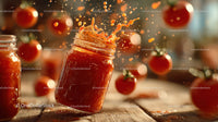 Vibrant Cherry Tomatoes and Tomato Sauce Splash in Rustic Kitchen Scene
