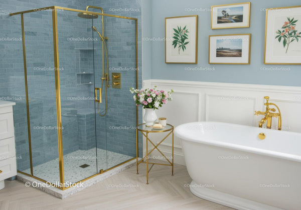 Elegant bathroom with gold fixtures and floral decor