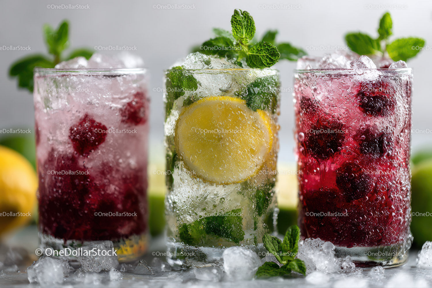 Assorted Fruit Infused Sparkling Drinks with Ice and Mint