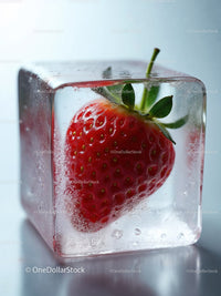 Fresh strawberry frozen inside a clear ice cube