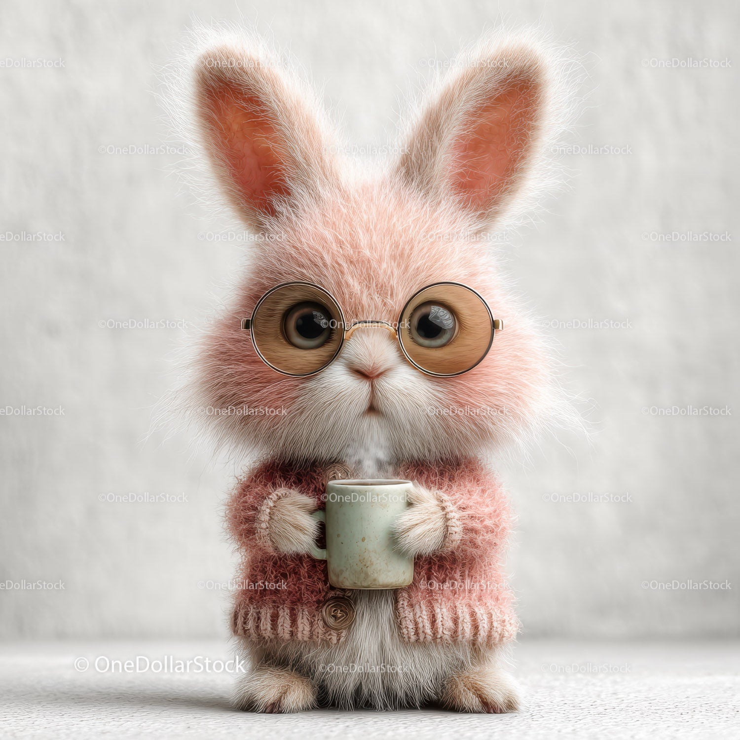 Cute Bunny Wearing Sunglasses and Cozy Pink Sweater Holding Coffee Mug