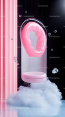 Surreal Futuristic Floating Mirror with Pink Doughnut and Water Reflection