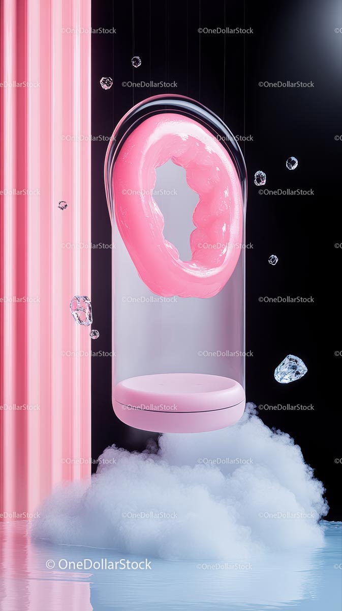 Surreal Futuristic Floating Mirror with Pink Doughnut and Water Reflection