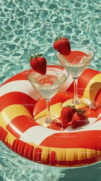 Refreshing Strawberry Cocktails on Inflatable Pool Float in Summer Scene