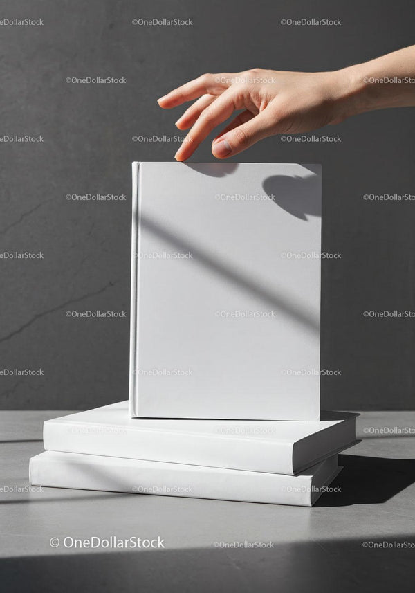 Hand Reaching for a Blank White Book on Stack JPG Mockup Image