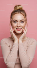 Smiling Young Woman with Blonde Hair and Clear Skin Against Pink Background
