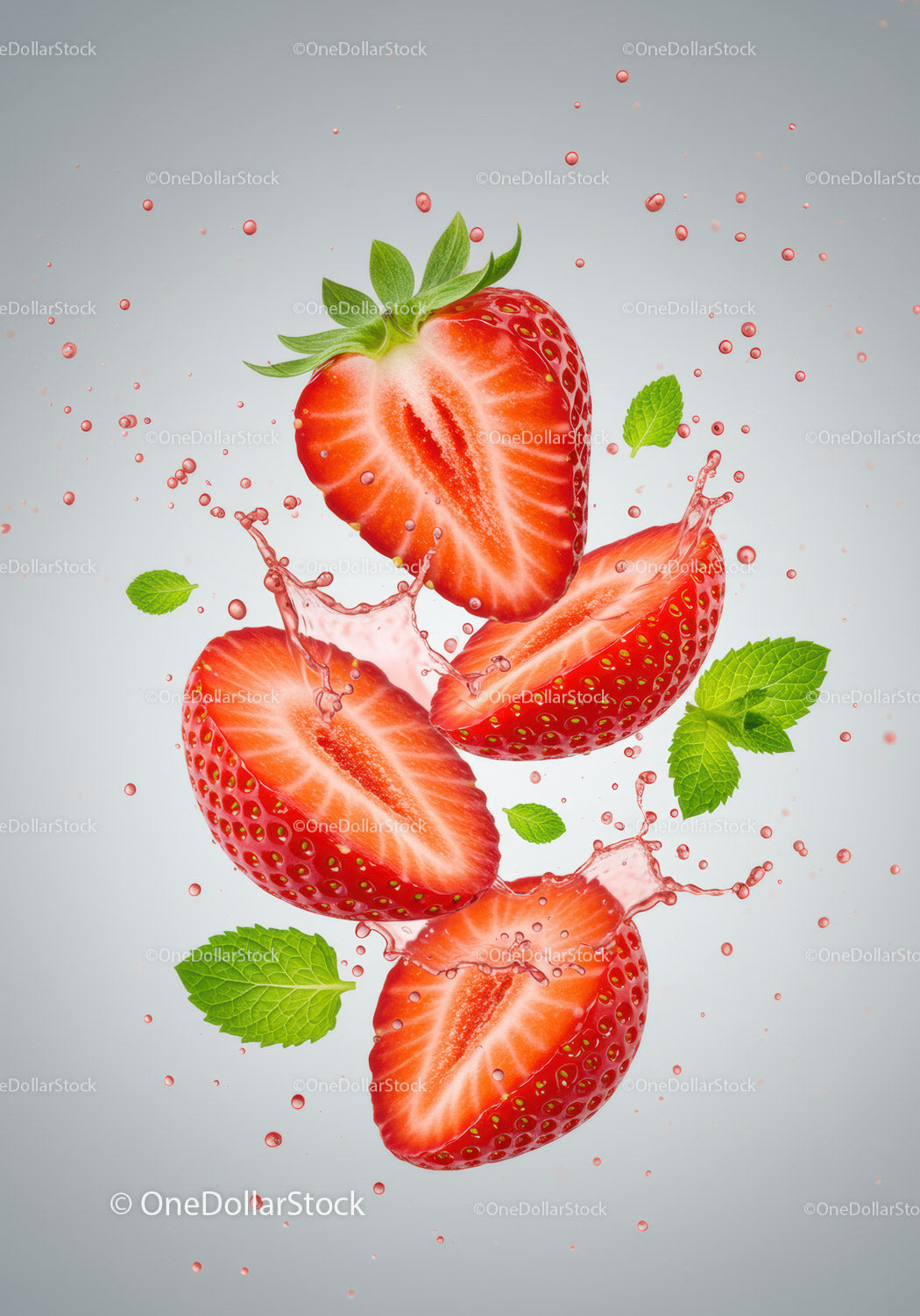 Fresh sliced strawberries with mint leaves splashing juice