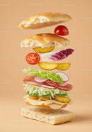 Stacked fresh sandwich ingredients floating on beige background