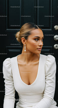 Elegant woman in white dress with pearl earrings