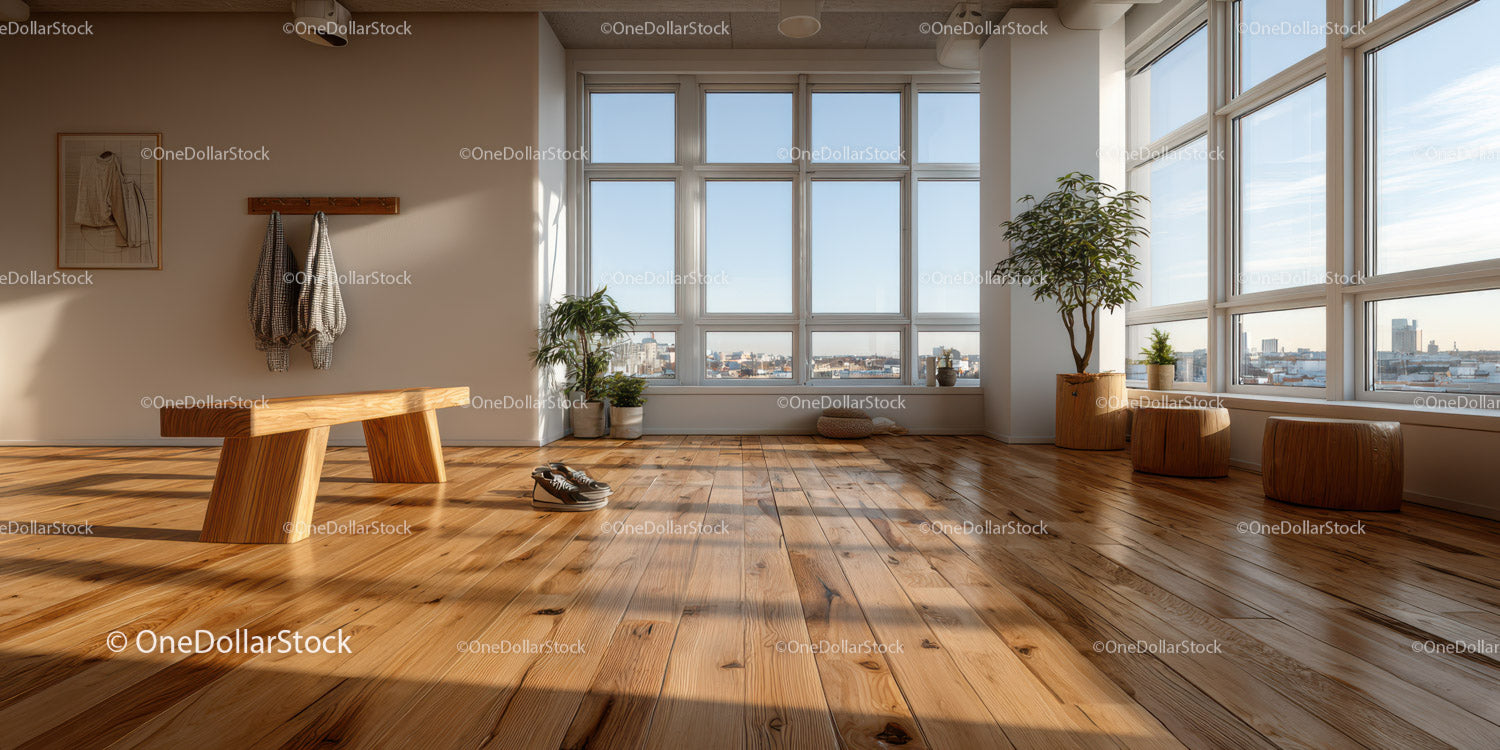 Bright Modern Living Room with City View and Indoor Plants