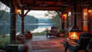 Lakeside Cabin Porch with Fireplace and Cozy Seating at Sunset
