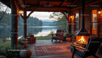 Lakeside Cabin Porch with Fireplace and Cozy Seating at Sunset