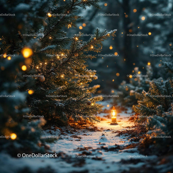 Snowy fir trees glowing with warm fairy lights