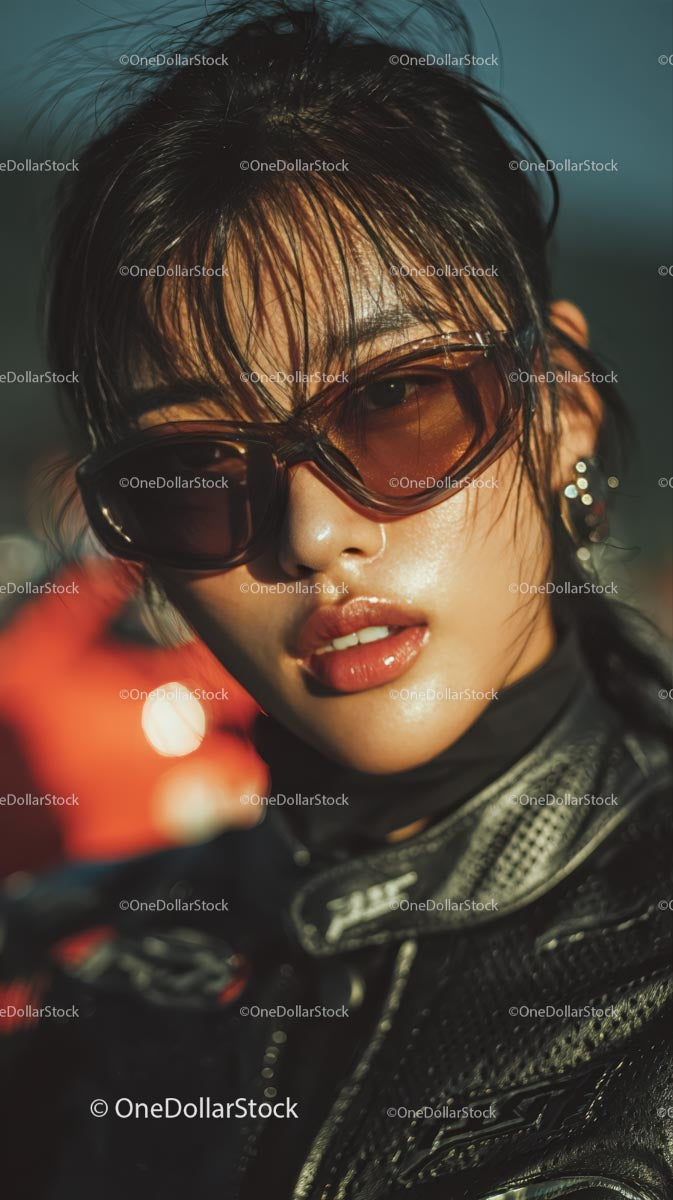 Confident Female Rider in Sunglasses with Motorcycle Gear