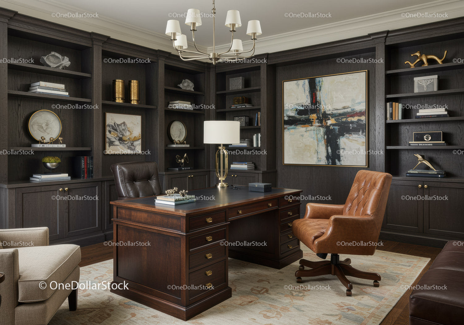 Classic home office with leather chairs and dark wood shelves