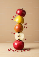 Stacked fresh fruits with pomegranate seeds on beige