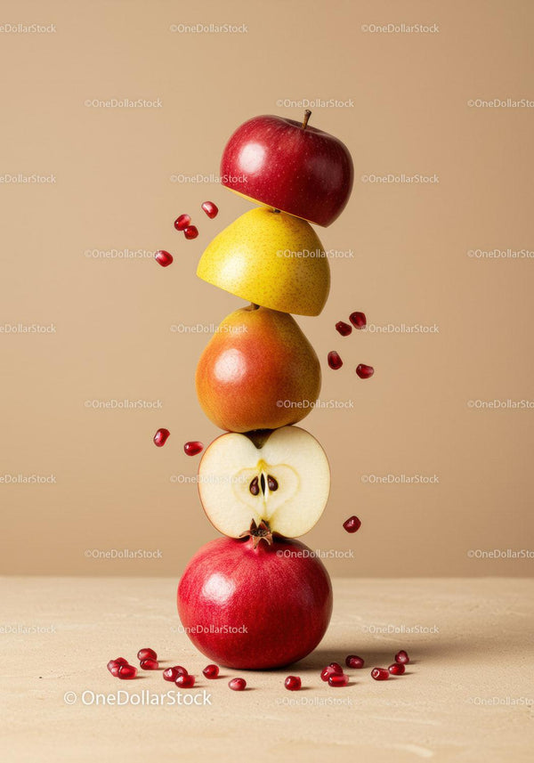 Stacked fresh fruits with pomegranate seeds on beige