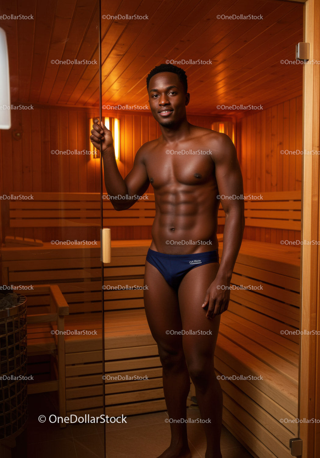 Male Model in Wooden Sauna Relaxing - Wellness and Bodybuilding Scene