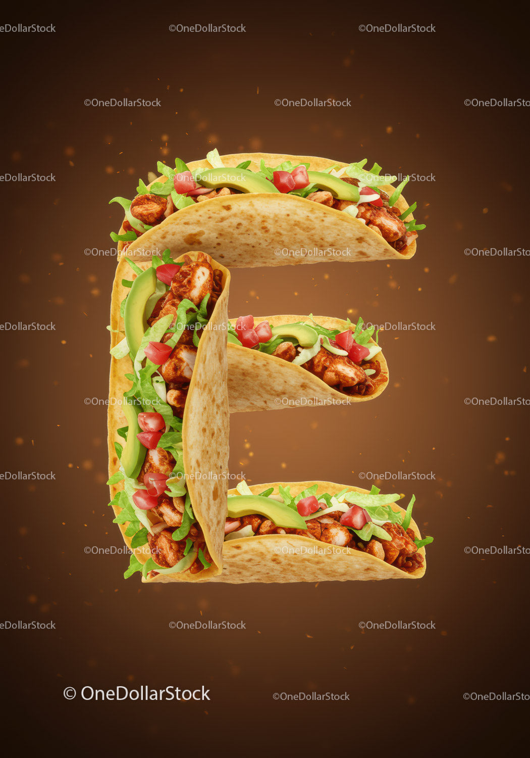 Letter E made of delicious chicken tacos with fresh toppings