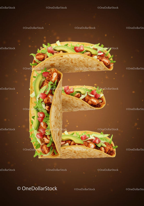 Letter E made of delicious chicken tacos with fresh toppings