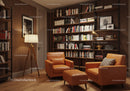 Cozy reading nook with leather chairs and warm lighting