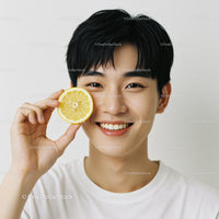 Young Man Smiling Holding Lemon Slice in Studio Portrait