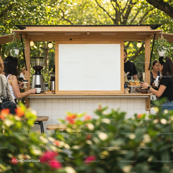Outdoor coffee stand with customers in sunny garden JPG Mockup Image