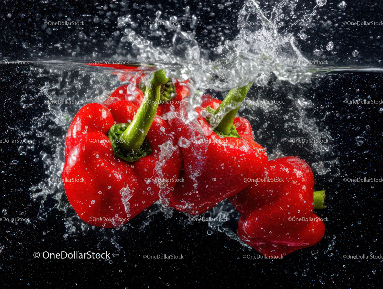 Vibrant Red Bell Peppers Splashing into Water with Dynamic Motion